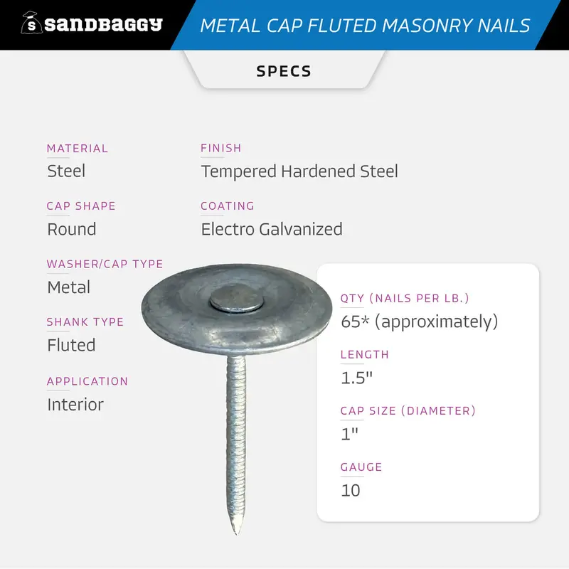 1-1/2" Metal Cap Fluted Masonry Nails - Galvanized (Appx. 65 Nails / Lb) 2