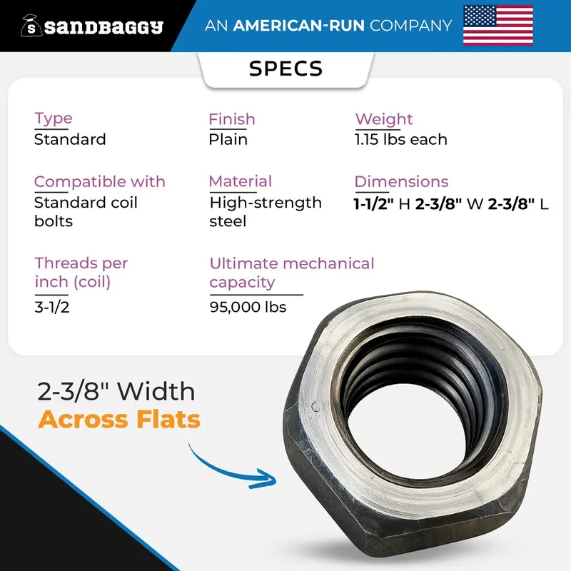 1-1/2" Standard Coil Rod Nut, Plain – Steel Concrete Forming Hardware 2