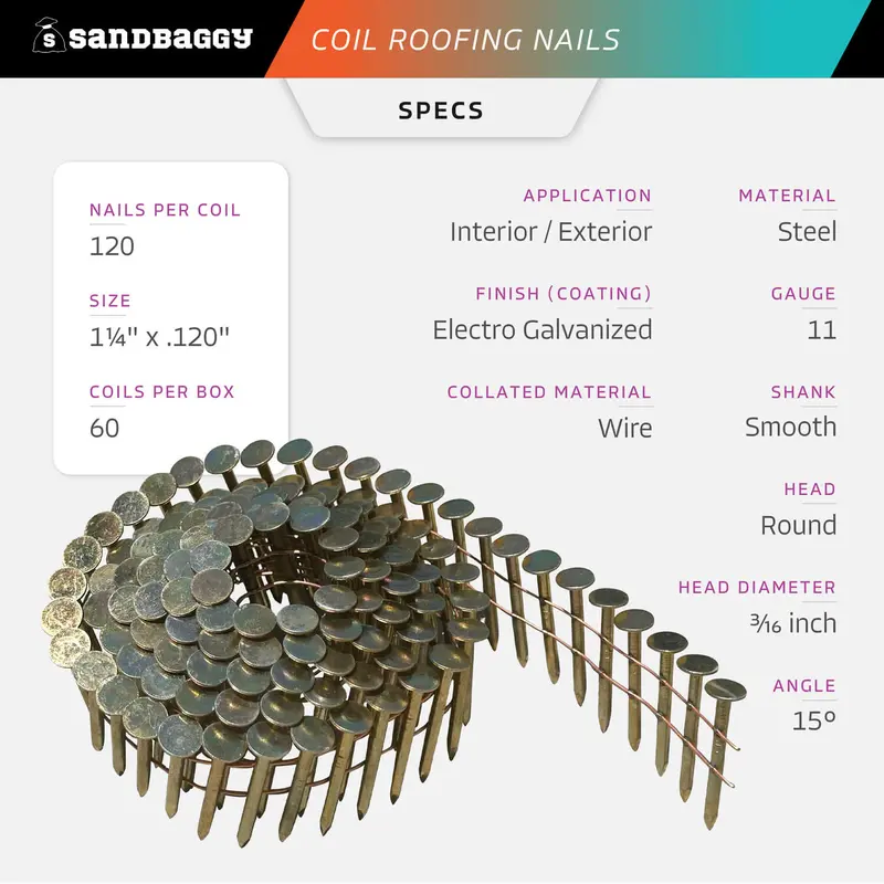 1-1/4" Coil Roofing Nails For Shingles - 15 Degree - Galvanized (120 Nails/Coil) 2