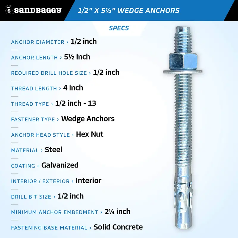1/2" X 5-1/2" Concrete Wedge Anchors - Hex Head (Galvanized) 2