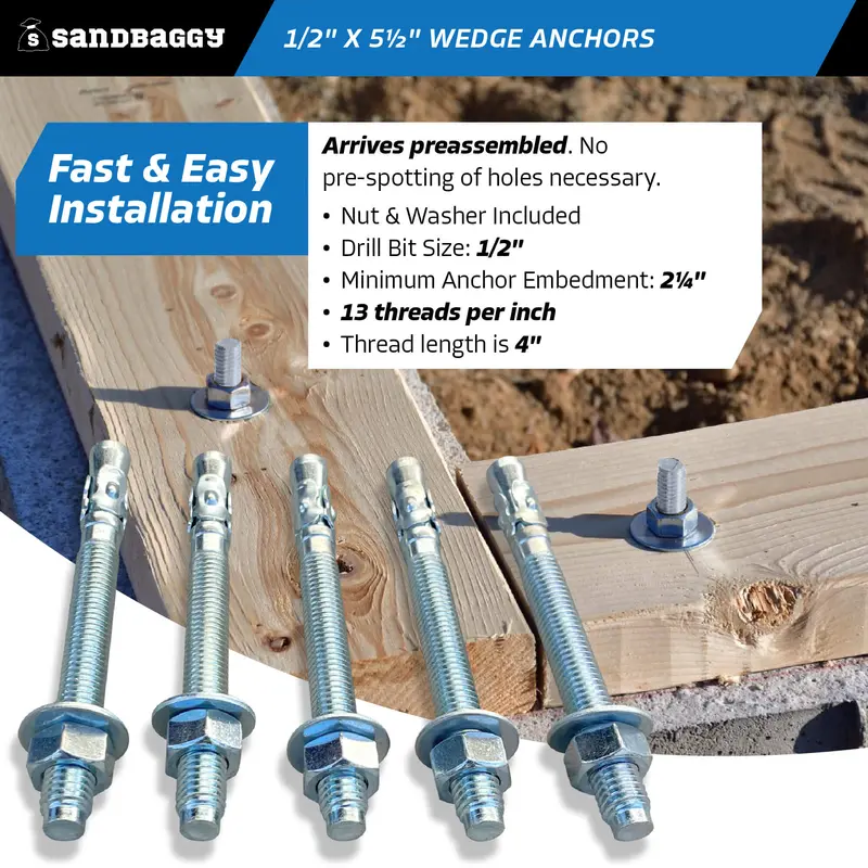 1/2" X 5-1/2" Concrete Wedge Anchors - Hex Head (Galvanized) 4
