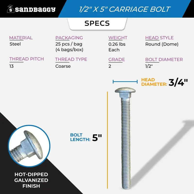 1/2” X 5” Galvanized Carriage Bolts For Wood - Round Head 2