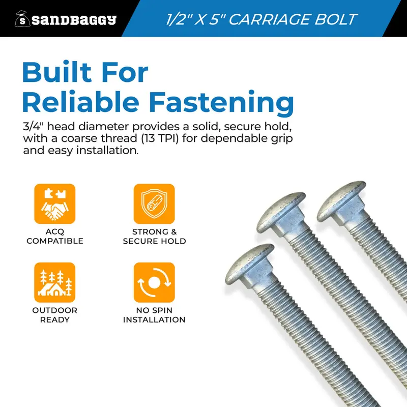 1/2” X 5” Galvanized Carriage Bolts For Wood - Round Head 5