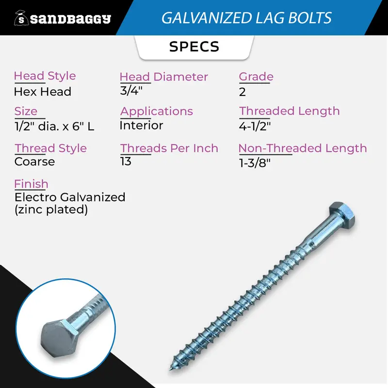 1/2" X 6" Galvanized Lag Bolts – Hex Head Wood Screws 2