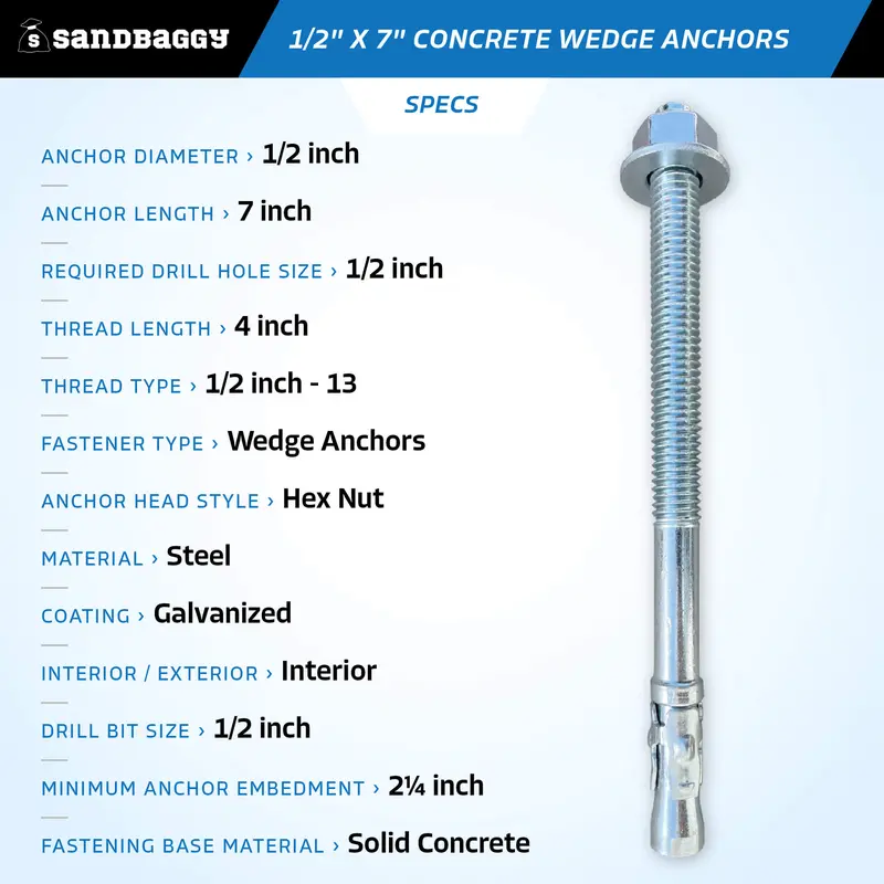 1/2" X 7" Concrete Wedge Anchors - Hex Head (Galvanized) 2