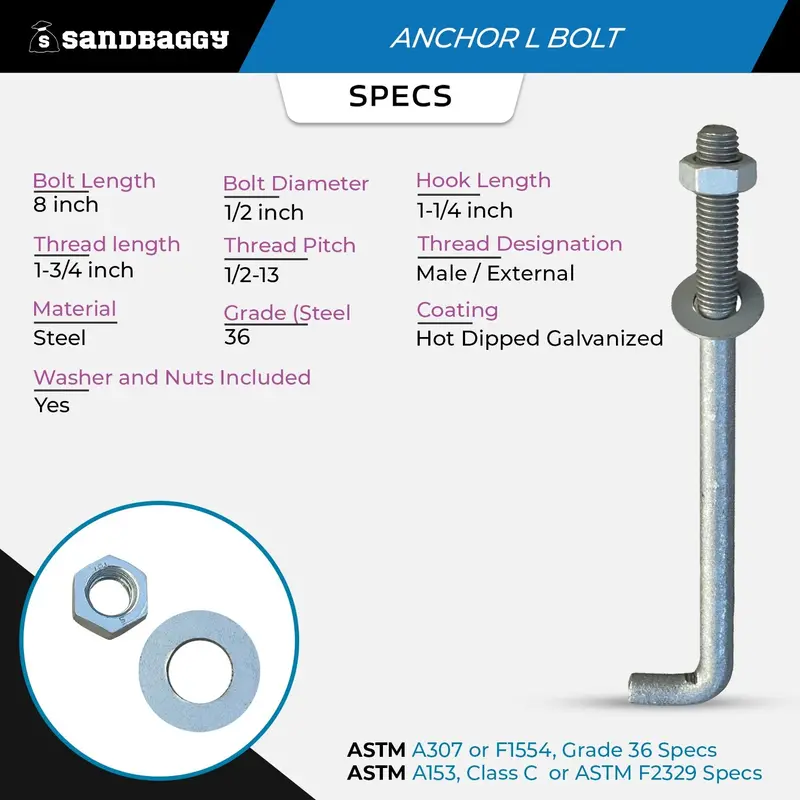 1/2" X 8" Threaded Concrete Anchor L-Bolts (Nuts & Washers Included) - Galvanized 2