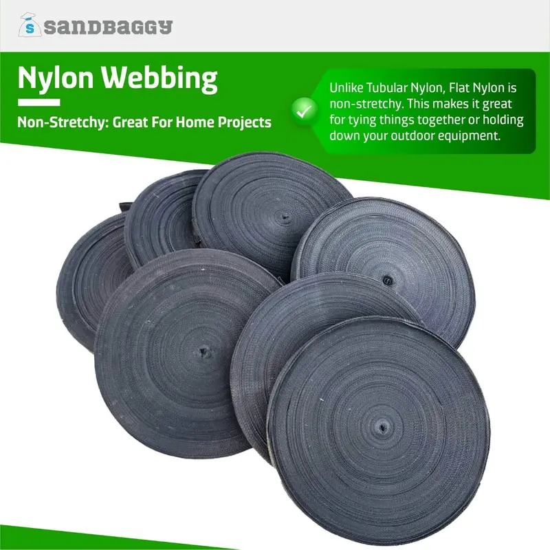 1" Flat Nylon Webbing Straps - Black, 25 Yd Roll - Lightweight 10