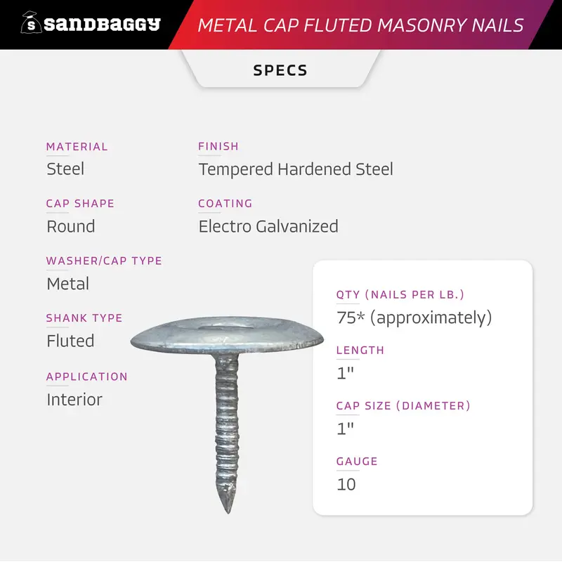 1" Metal Cap Fluted Masonry Nails - Galvanized (Appx. 75 Nails / Lb) 2