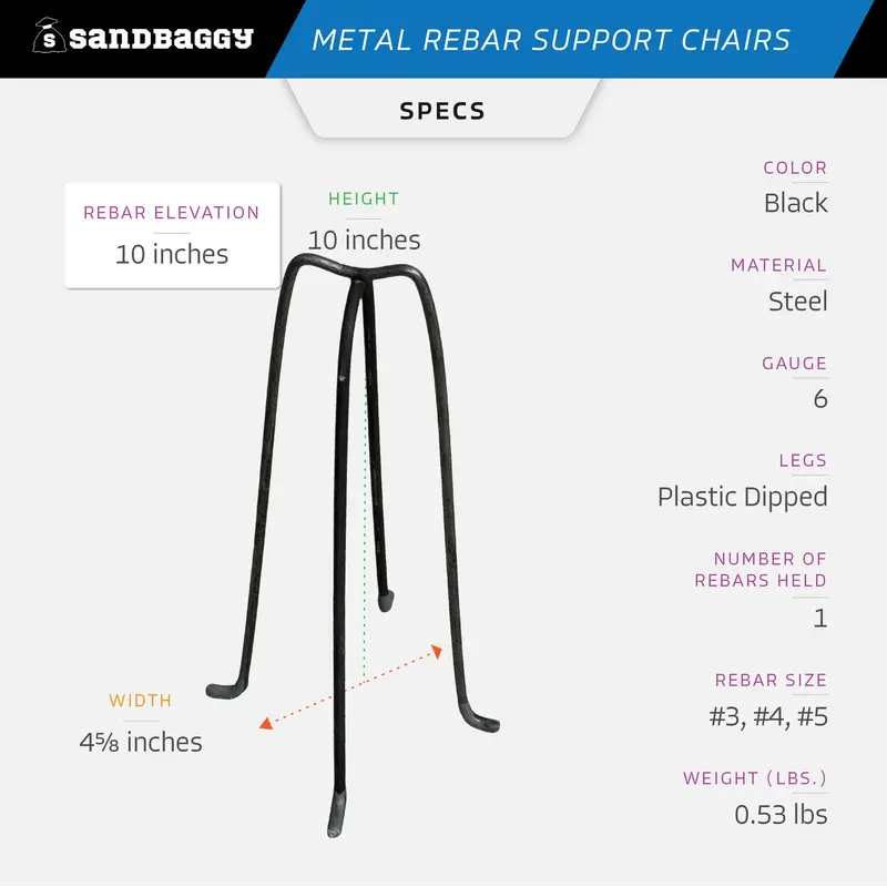 10" Metal Rebar Support Chairs - Plastic Dipped Legs - Rebar #3 To #5 2
