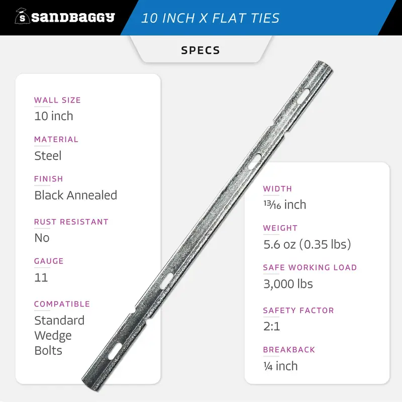 10" X Flat Ties For Concrete Forms - 11 Gauge Steel 3