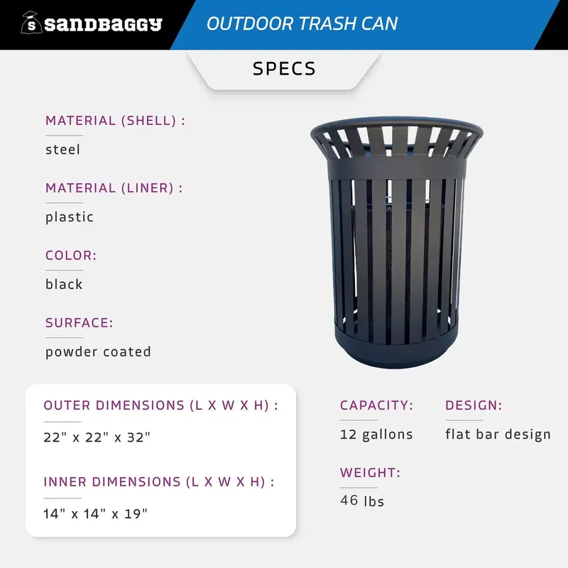 12 - Gallon Commercial Outdoor Trash Can - Black Steel 2