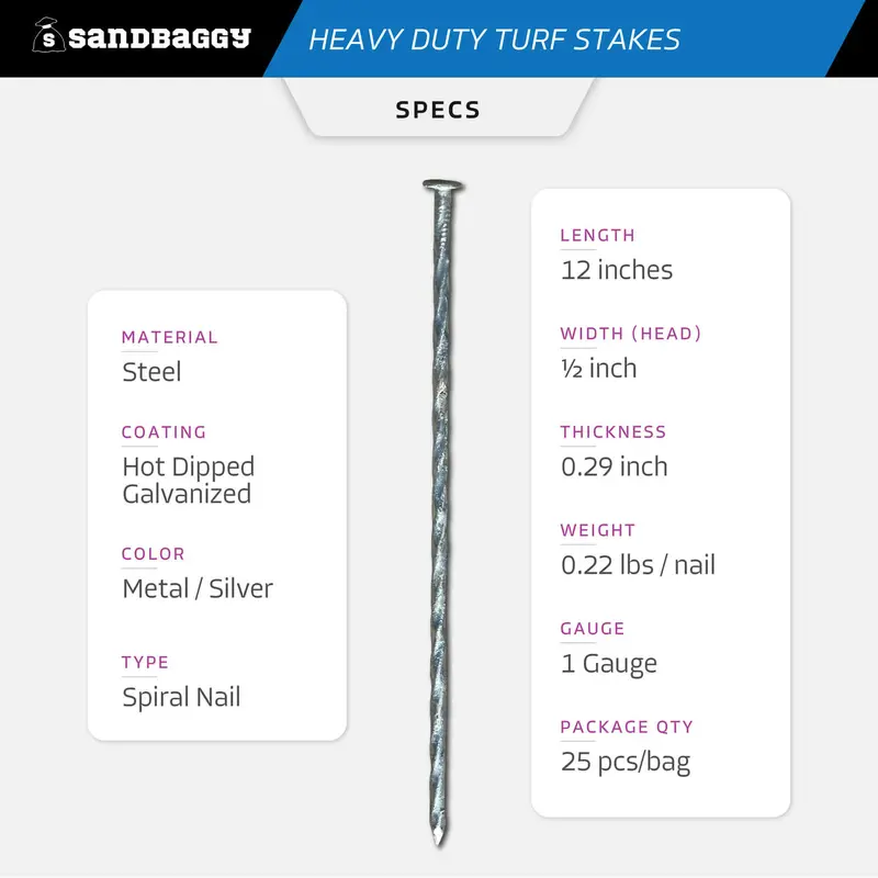 12 In. Ultra Heavy Duty Galvanized Spiral Artificial Turf Nails - 1 Gauge Steel 2