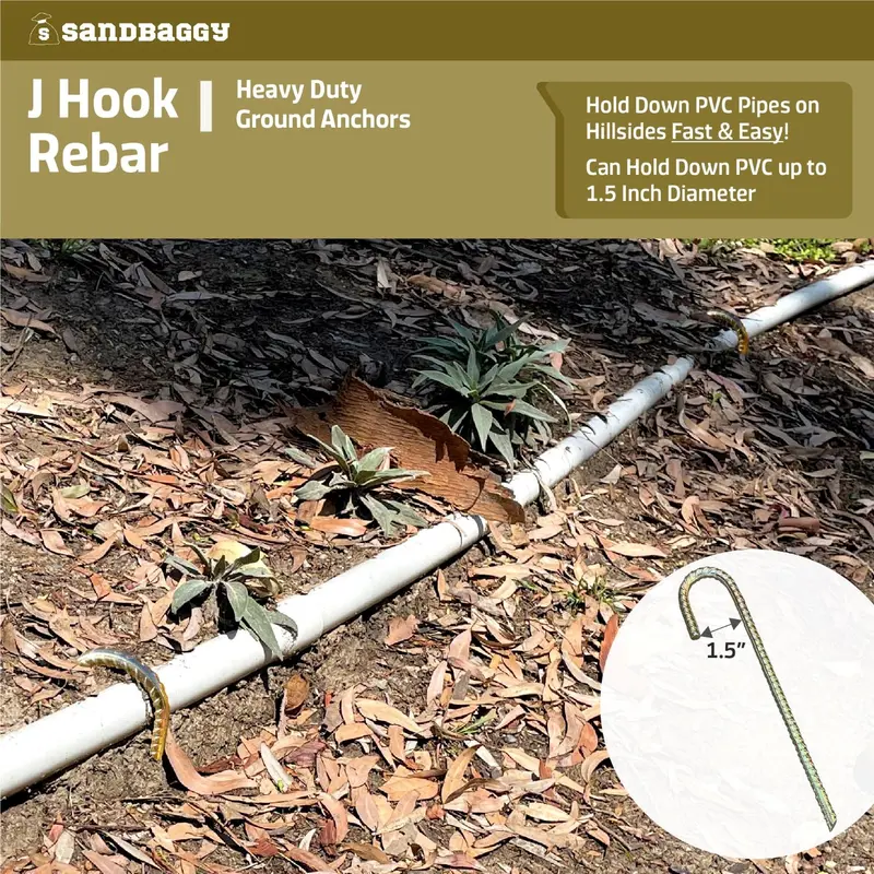 12" J Hook Rebar Stakes - Galvanized Steel - 3/8" Diameter (#3 Rebar) 3
