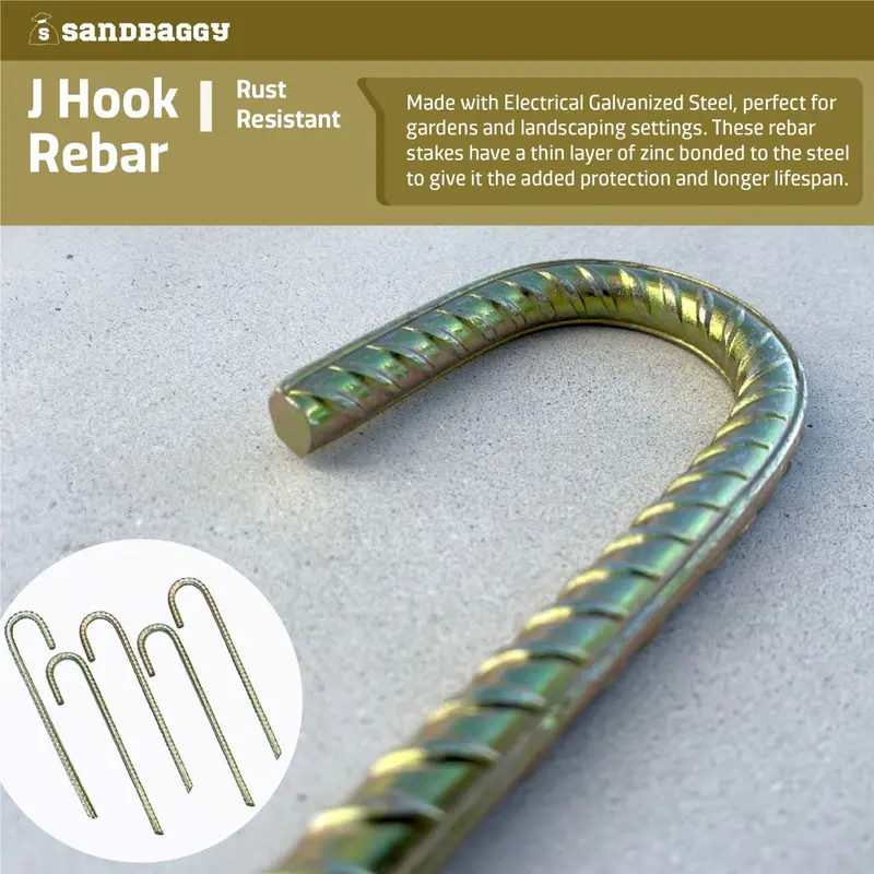 12" J Hook Rebar Stakes - Galvanized Steel - 3/8" Diameter (#3 Rebar) 6
