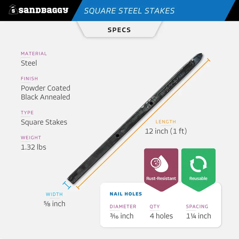 12" Square Steel Concrete Form Stakes With Nail Holes - 5/8" Wide 2