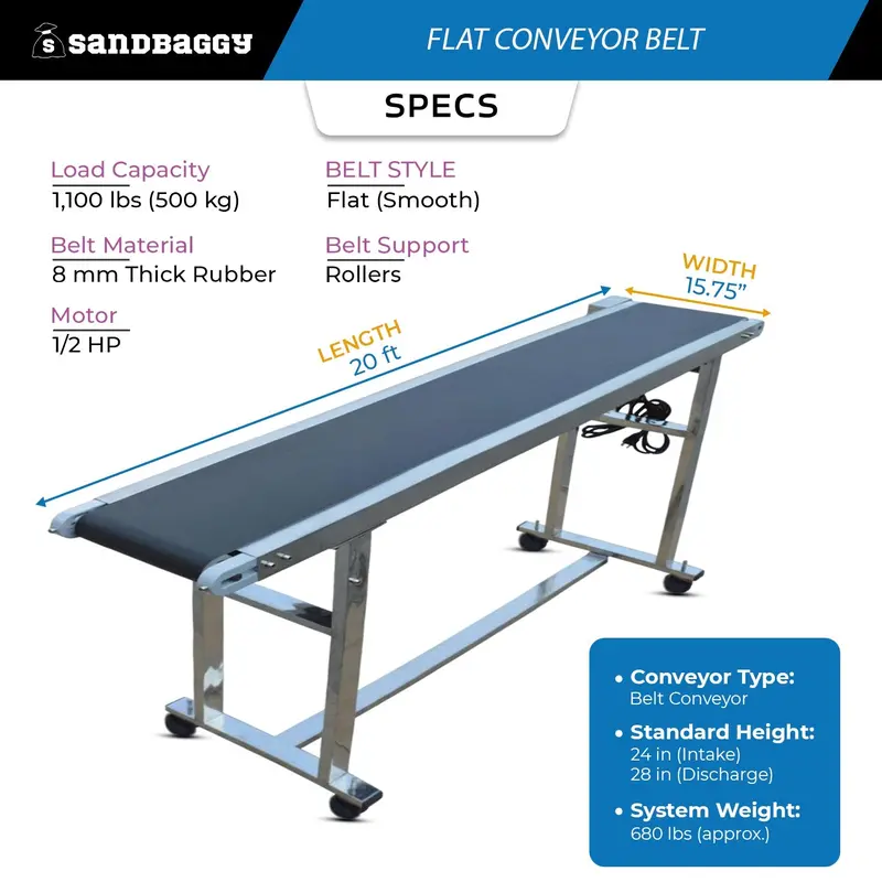 15.75" X 20 Ft Conveyor Belt System | 1,100 Lb Cap. | Flat Rubber Belt 2