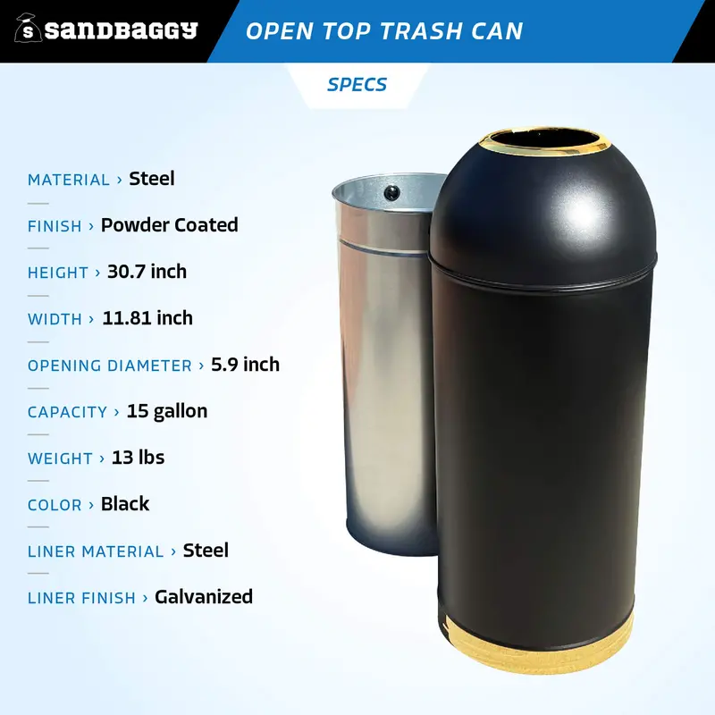 15-Gallon Black Open Top Dome Steel Trash Can With Lid (31" X 12") 2