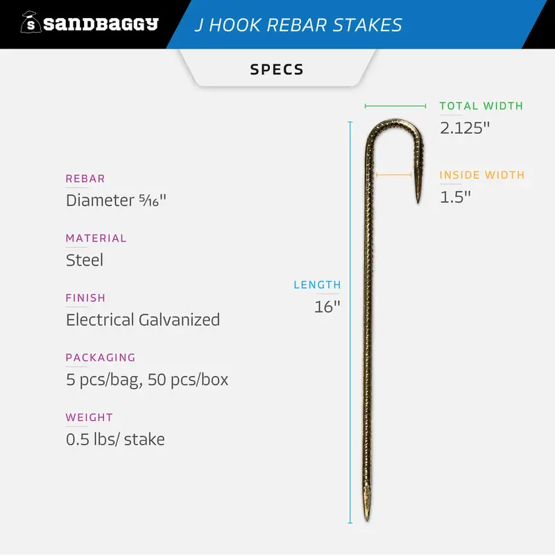 16" J Hook Rebar Stakes - Galvanized Steel - 5/16" Diameter 2