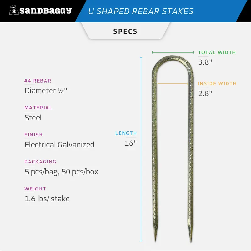 16" U Shaped Rebar Stakes - Galvanized Steel - 1/2" Diameter (#4 Rebar) 2