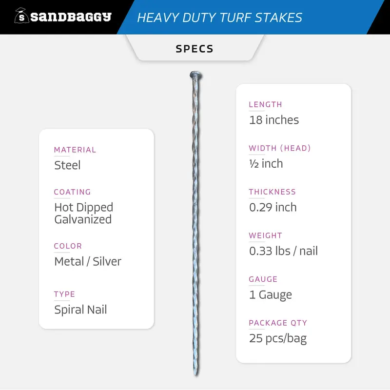 18 In. Ultra Heavy Duty Galvanized Spiral Artificial Turf Nails - 1 Gauge Steel 2