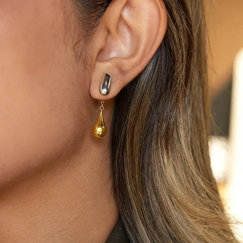 18K Gold And S925 Silver Two-Tone Teardrop Front And Back Stud Earrings 1