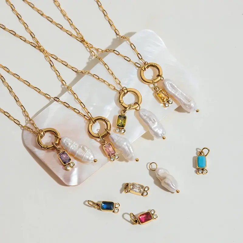 18K Gold Birthstone With Irregular Pearl Design Exquisite Dazzling Necklace 1