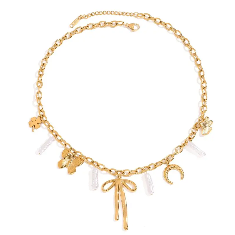 18K Gold Bow With Pearl Design Exquisite And Noble Necklace 1