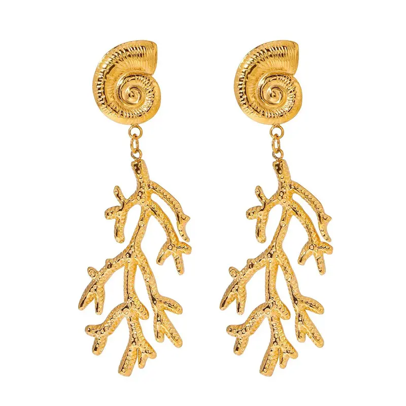 18K Gold Conch Shell With Coral Design Unique And Noble Earrings 1