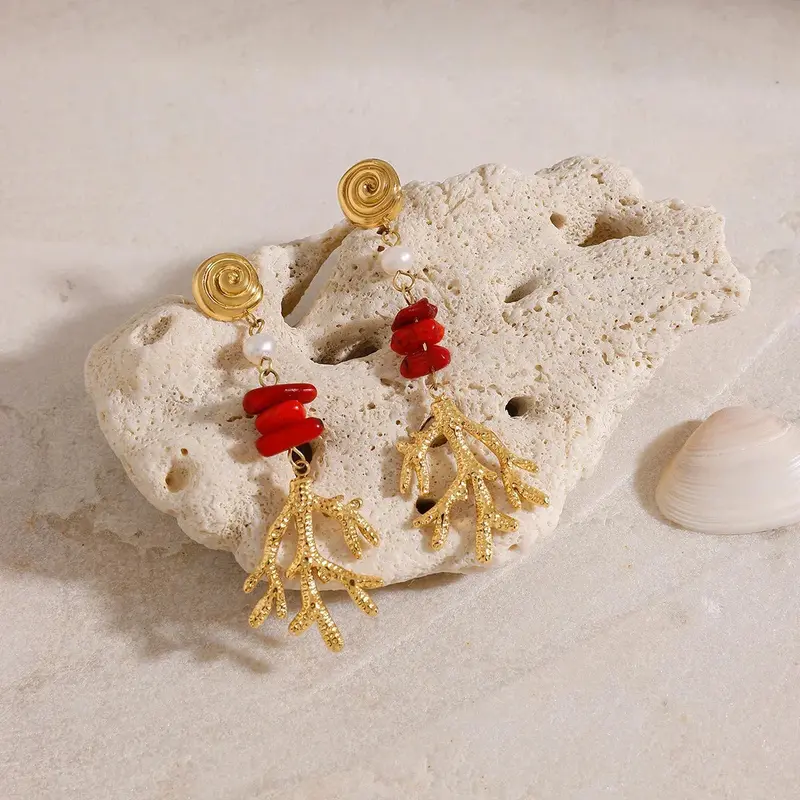 18K Gold Coral-Shaped Design Trendy Personality Earring Necklace Set 1
