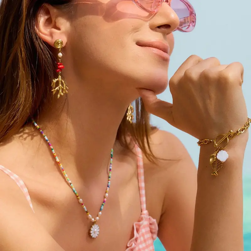18K Gold Coral-Shaped Design Trendy Personality Earring Necklace Set 2