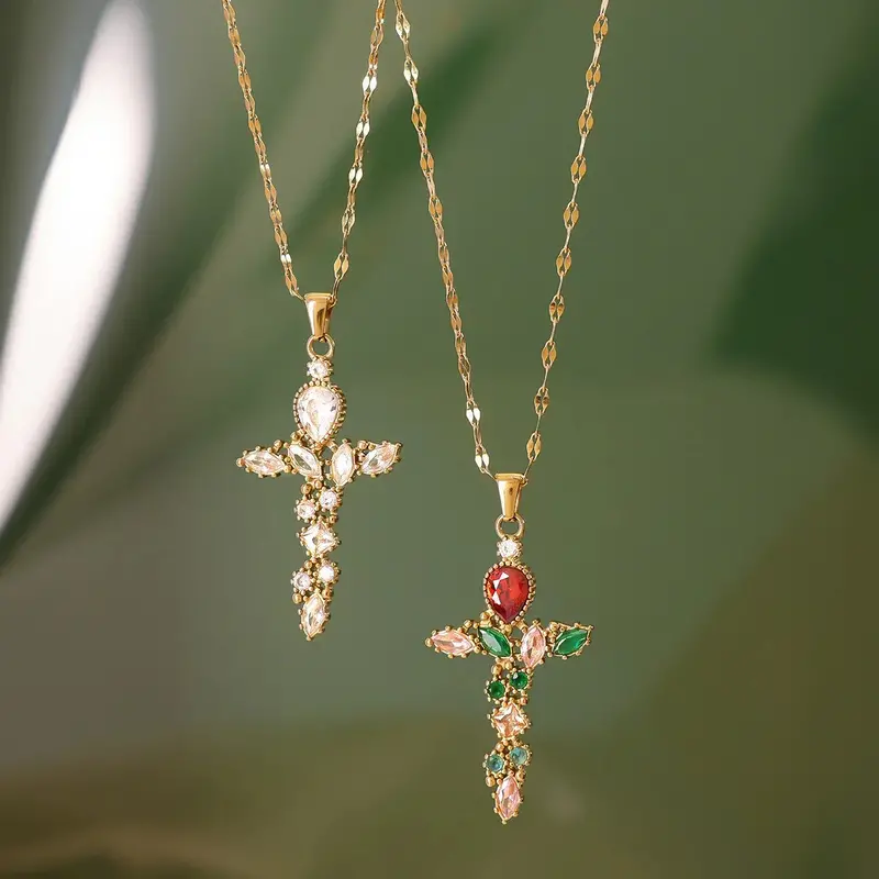 18K Gold Cross Inlaid Gemstone Design Exquisite Fashion Necklace 1