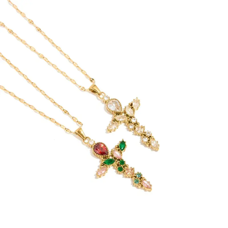 18K Gold Cross Inlaid Gemstone Design Exquisite Fashion Necklace 2