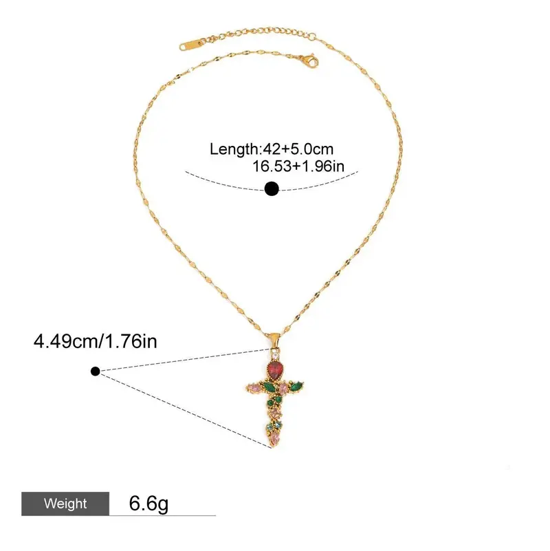 18K Gold Cross Inlaid Gemstone Design Exquisite Fashion Necklace 2