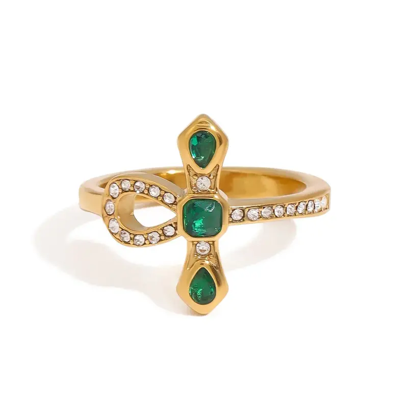 18K Gold Cross Snake Titanium Steel Zirconia Ring 1