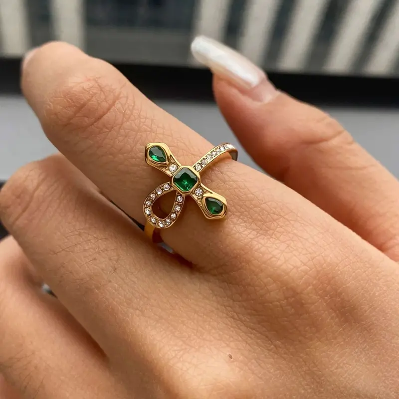 18K Gold Cross Snake Titanium Steel Zirconia Ring 2