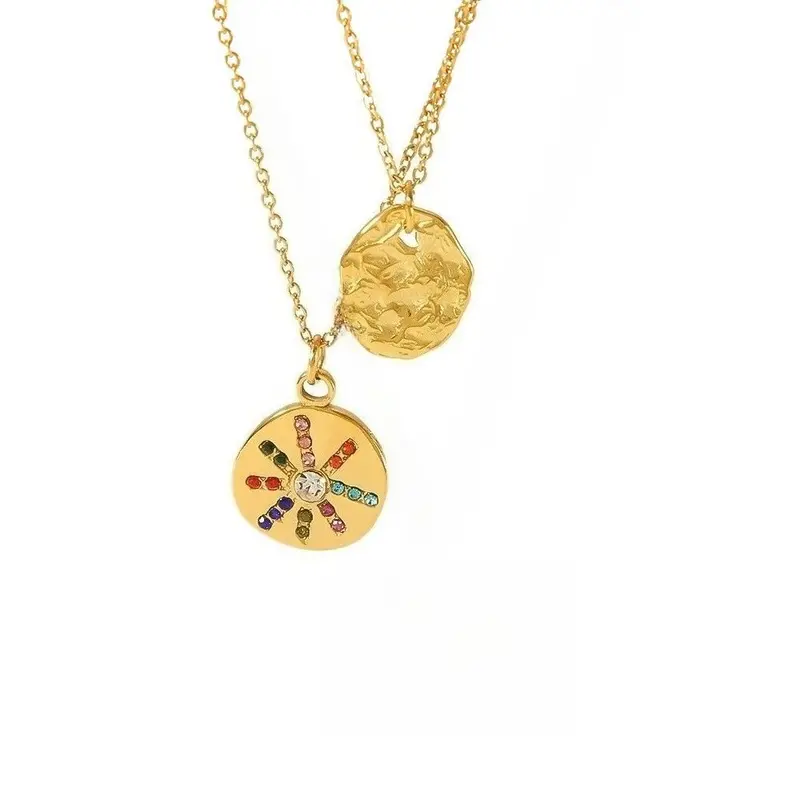 18K Gold Embossed Pendant With Colored Diamonds And Zirconia Necklace 1