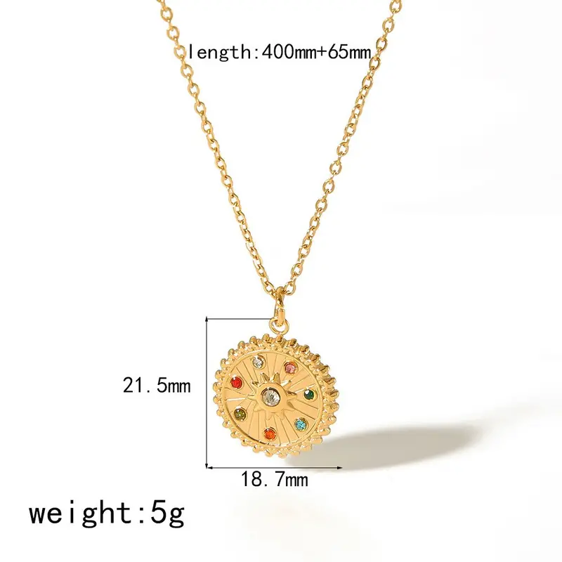 18K Gold Embossed Pendant With Colored Diamonds And Zirconia Necklace 2