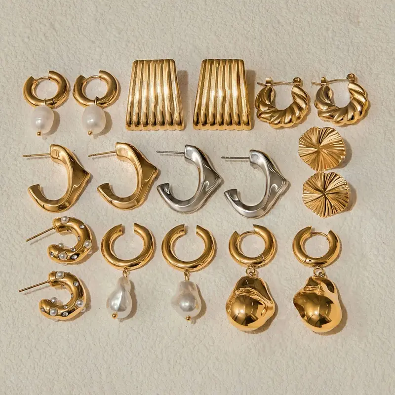 18K Gold Geometric Inlaid Pearls Exquisite Design Noble Earring Necklace Set 1
