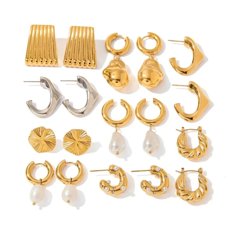 18K Gold Geometric Inlaid Pearls Exquisite Design Noble Earring Necklace Set 4