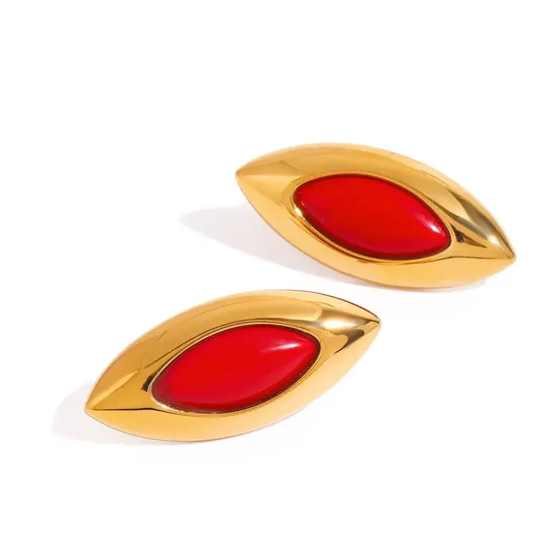 18K Gold Geometric Oval Inlaid Gemstone Design Exquisite Dazzling Earrings 1