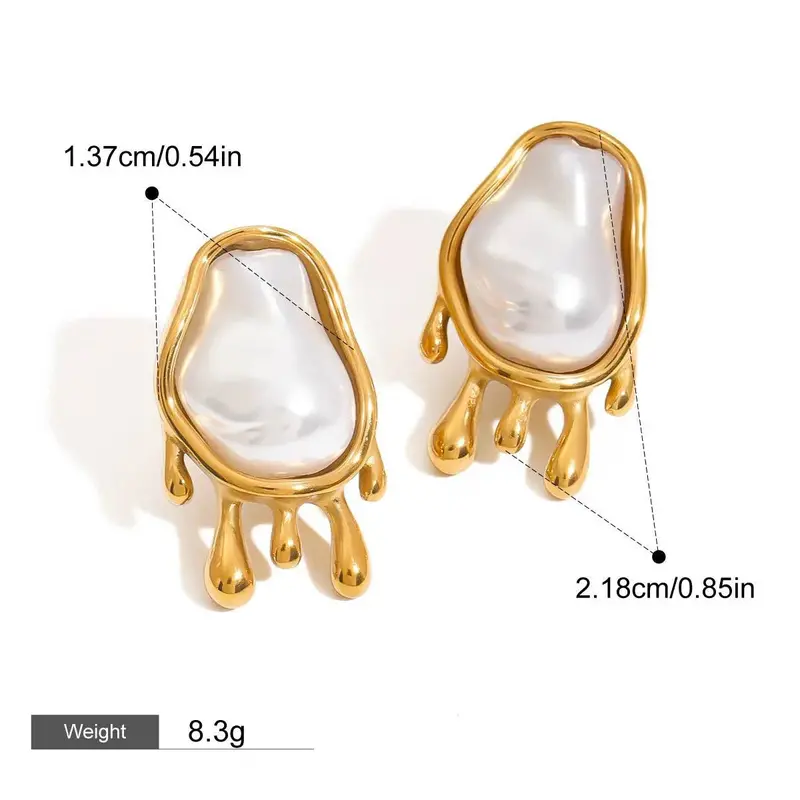18K Gold Geometric Oval Inlaid Irregular Pearl Design Exquisite Noble Earrings 2