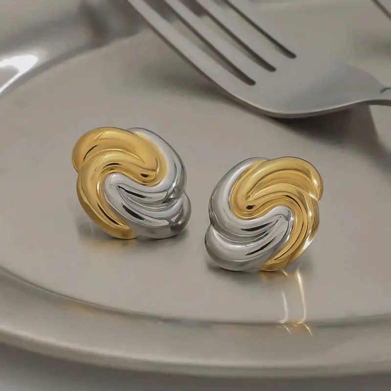 18K Gold Geometric Shape With Gold And Silver Color Matching Design Trendy Personality Earrings 1
