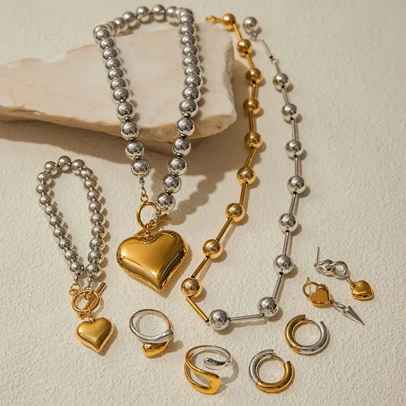 18K Gold Heart Shape With Gold And Silver Color Matching Design Trendy Personality Necklace Bracelet Ring Earrings Set 1