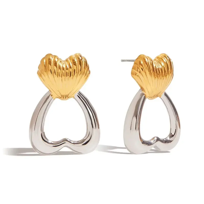 18K Gold Heart-Shaped Earrings With Gold And Silver Color Matching Design, Trendy And Personalized 1