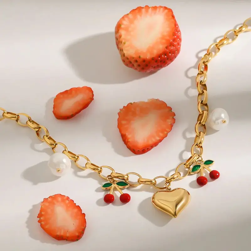 18K Gold Heart With Cherry Design Exquisite And Noble Necklace 1