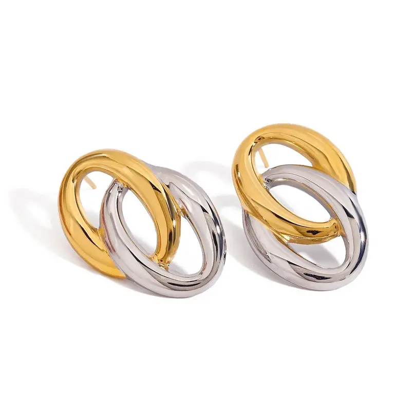 18K Gold Hollow Oval Earrings With Gold And Silver Color Matching Design, Simple And Elegant 2