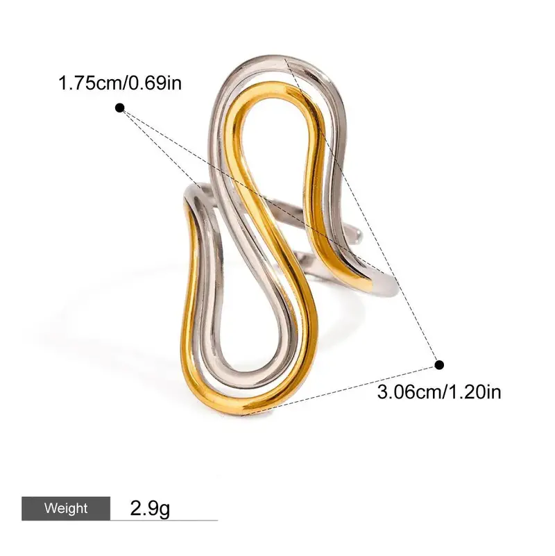 18K Gold Irregular Lines With Gold And Silver Color Matching Design Unique Personality Ring 2