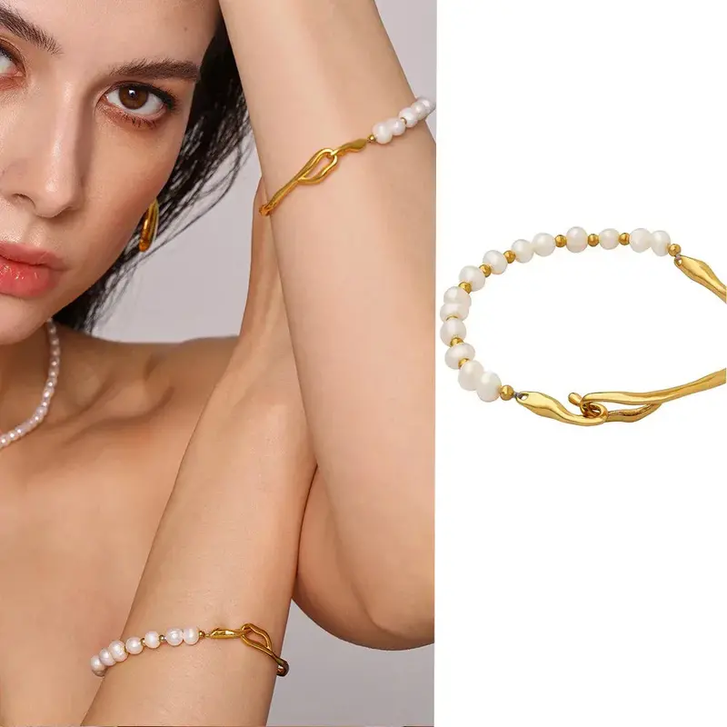 18K Gold Irregular Shape With Pearl Design Trendy Unique Bracelet 1