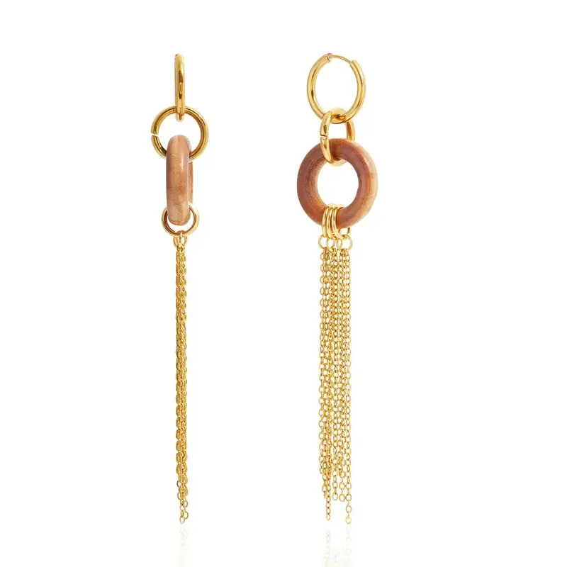 18K Gold Lightweight Luxury And High-End Wooden Tassel Earrings 1