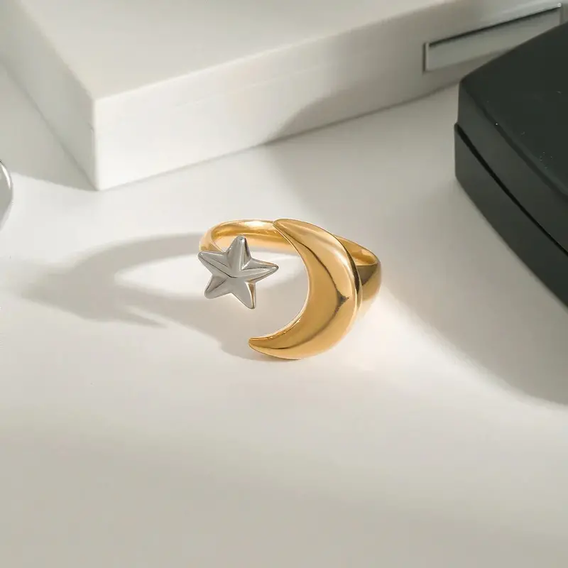 18K Gold Moon And Star With Gold And Silver Color Matching Design Trendy Personality Open Ring 1
